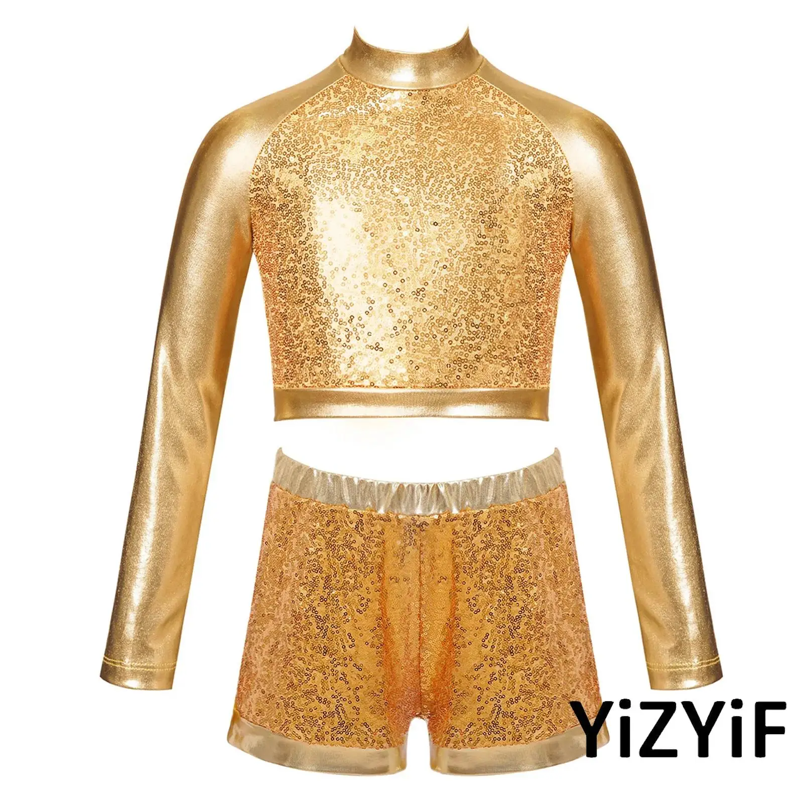 

Kids Hip-hop Jazz Dance Costume Outfit Girls Mock Neck Long Sleeve Front Shiny Sequin Crop Top with Sequined Metallic Shorts Set