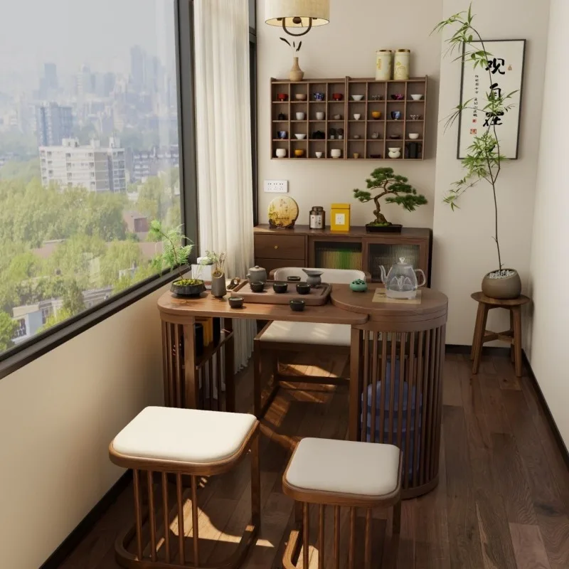 Solid wood new Chinese balcony tea table chair small apartment three-piece set coffee small household