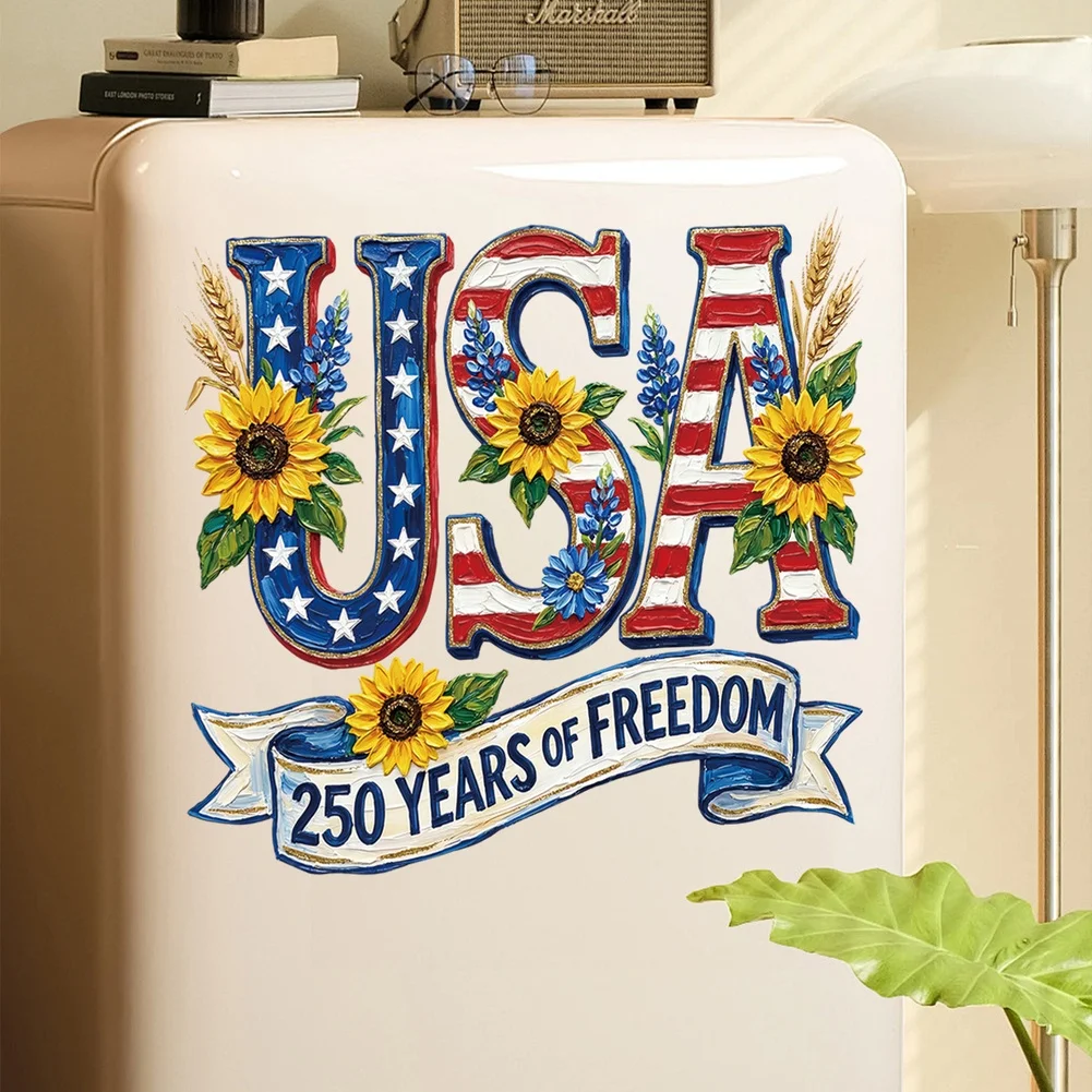 Independence Day PVC Window Decals Celebrating 250 Years Freedom with Sunflower Stars Stripes Design for Glass Wall Tile