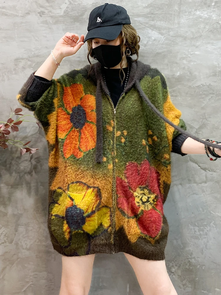 Maglieria moda femminile invernale da donna maglioni caldi con cappuccio stampati classici larghi da donna cardigan di grandi dimensioni floreali