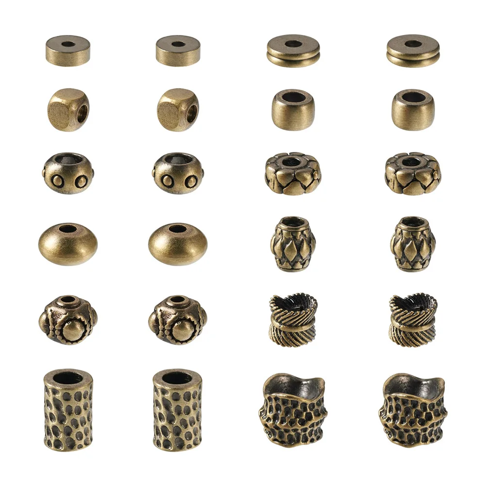 Kissitty 48Pcs 12 Style Brushed Antique Bronze Flat Round Cube Tibetan Style Brass Bead For Bracelet Earring Jewelry Making Gift