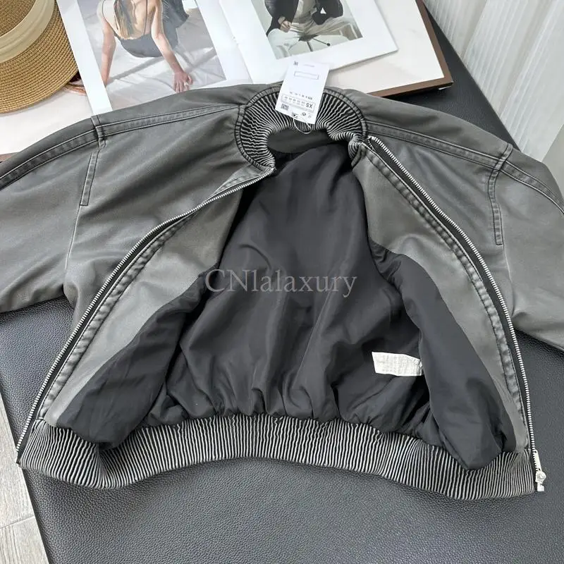 CNlalaxury Streetwear Bomber Jackets Womens Vintage Short Cropped Faux Leather Jacket Women High Neck PU Leaher Coats