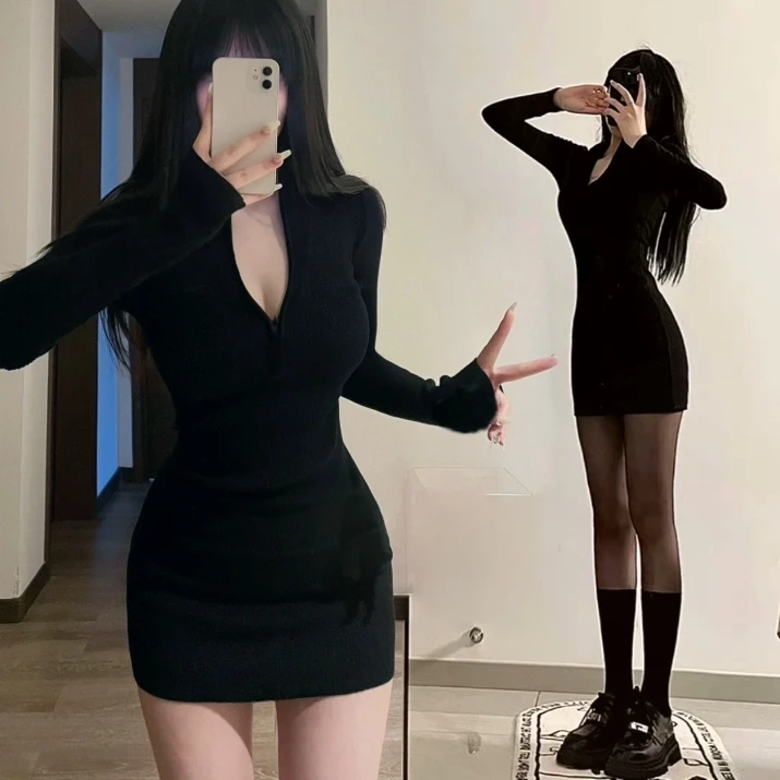 여성용 가을 겨울 블랙 섹시 롱 슬리브 탄력 지퍼 타이트 베이스 스커트 순수한 매력 섹시 걸 랩 어라운드 스커트