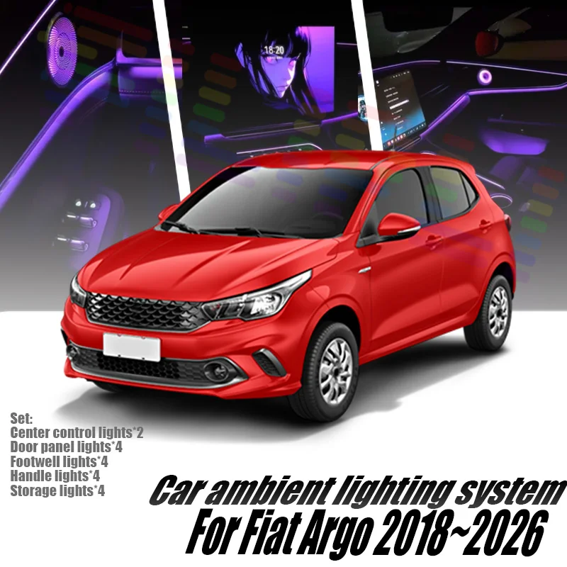 Luces LED Ambientales para Auto Fiat Argo 2018~2026, Luces de Atmósfera Coloridas, Tira de Neón Interior para Auto, Iluminación RGB de 64 Colores