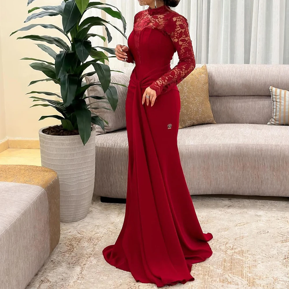 Temperament Lace Embroidery High Neckline Floor Length Straight Evening Dress Jersey Long Sleeves Appliques Vestidos de fiesta