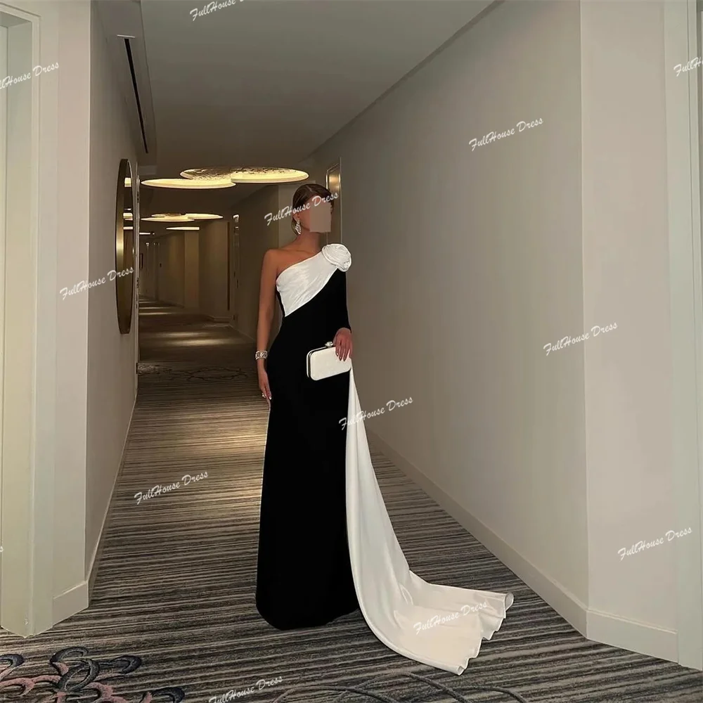 

Custom Made Modest One Shoulder Pleated Handmade Flowers Muslim Dress Sexy Sheath Floor Length Evening Dress with Sweep Train