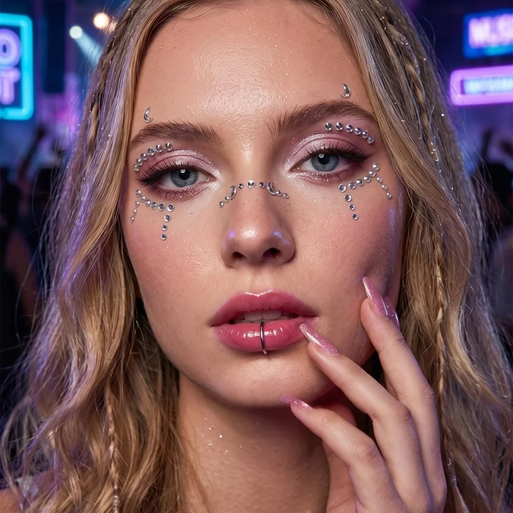 Fake Piercings Balls Stick on Nose Stud Fake Eyebrow Lip Hoop Medusa Labret Stud Adhesive Star Face Gems Rhinestone view 5