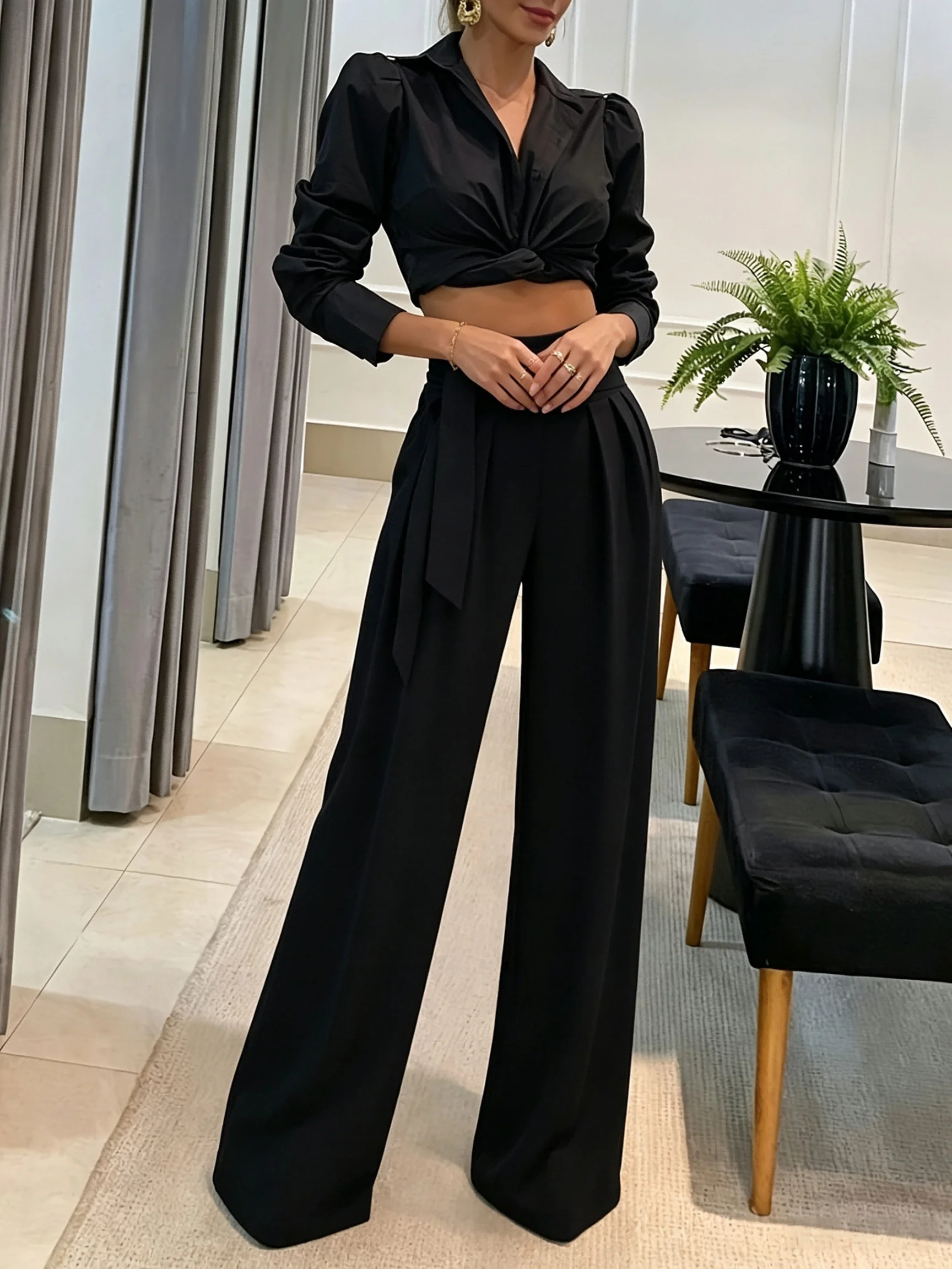 Neue Damen-Hosen mit weitem Bein, formelle Bürokleidung, Frühling/Herbst, schwarze High-Waist-Wickelhosen für den täglichen Streetwear-Look. – Detail 4