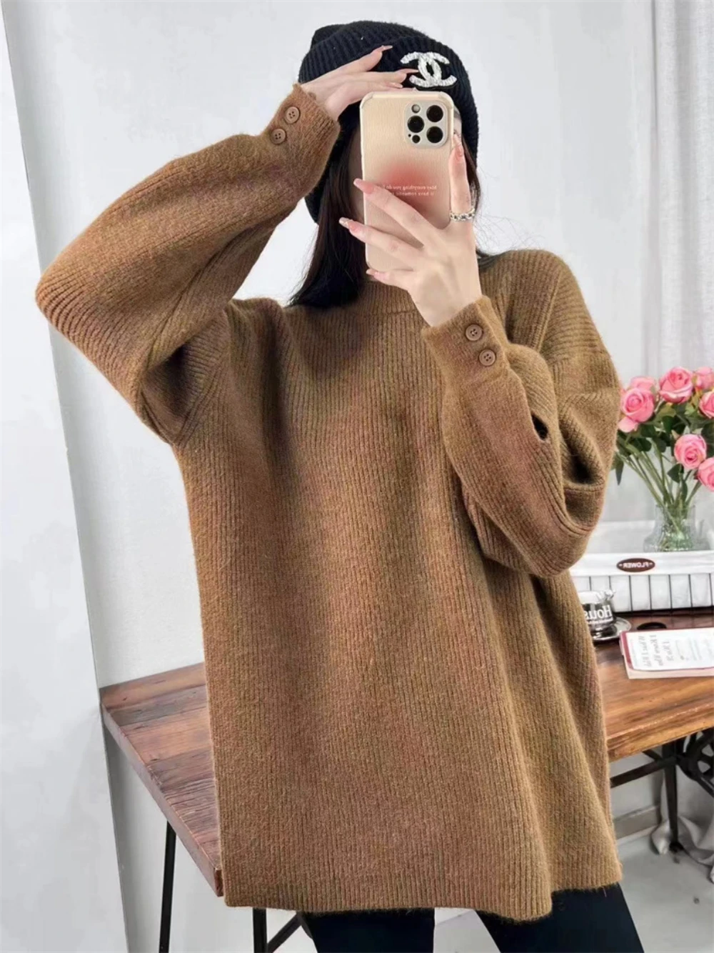 Autumn And Winter Women's Sweater Knitted Long Sleeve Round Neck Loose Street Can Wear Solid Color Ladies Blouse