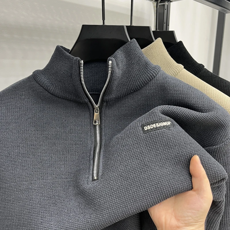 

2024 Autumn/Winter Men's New Zipper Stand Up Collar Sweater Thick Velvet Solid Color Long Sleeve Casual Men's Pullover Knitwear