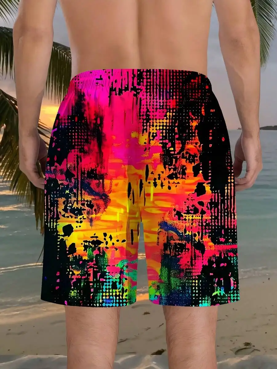

Mens Vibrant Abstract Print Beach Shorts - Lightweight Polyester Drawstring Waist