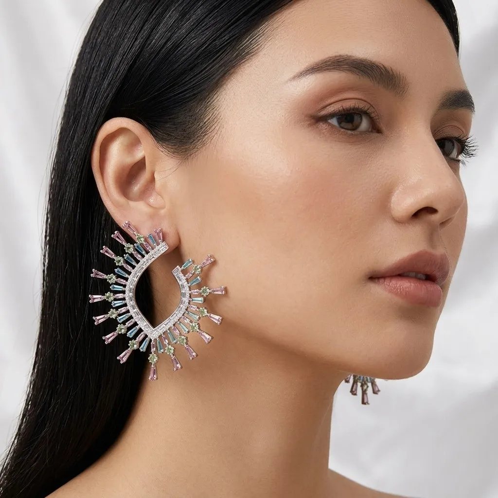 SENYU Sparkling Pastel Rainbow CZ Burst Earrings Baguette Cut Crystal Curved Statement Large Earrings Multi Color Bride Jewelry
