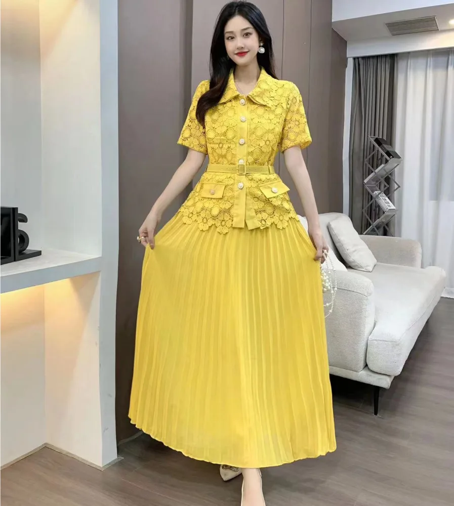 Runway Lace Chiffon Dress For Women 2023 Summer Single Breasted Embroidery Flower Short Sleeve Midi Long Prom Vestidos Evening