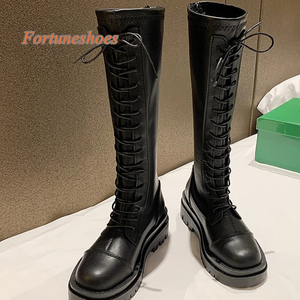 

Cross Tied Front Strap Women Boots Round Toe Solid Knee High Chunky Heel Boots Fashion Casual 2025 Newest Autumn/winter Boots