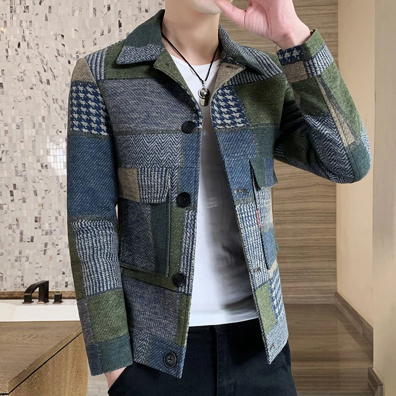 

Fashion Warm Long-sleeved Plaid Gentleman Pockets Coat Jacket Nice Korean Casual Men's Stitching Jacket Fashion Slim Fit Jacket