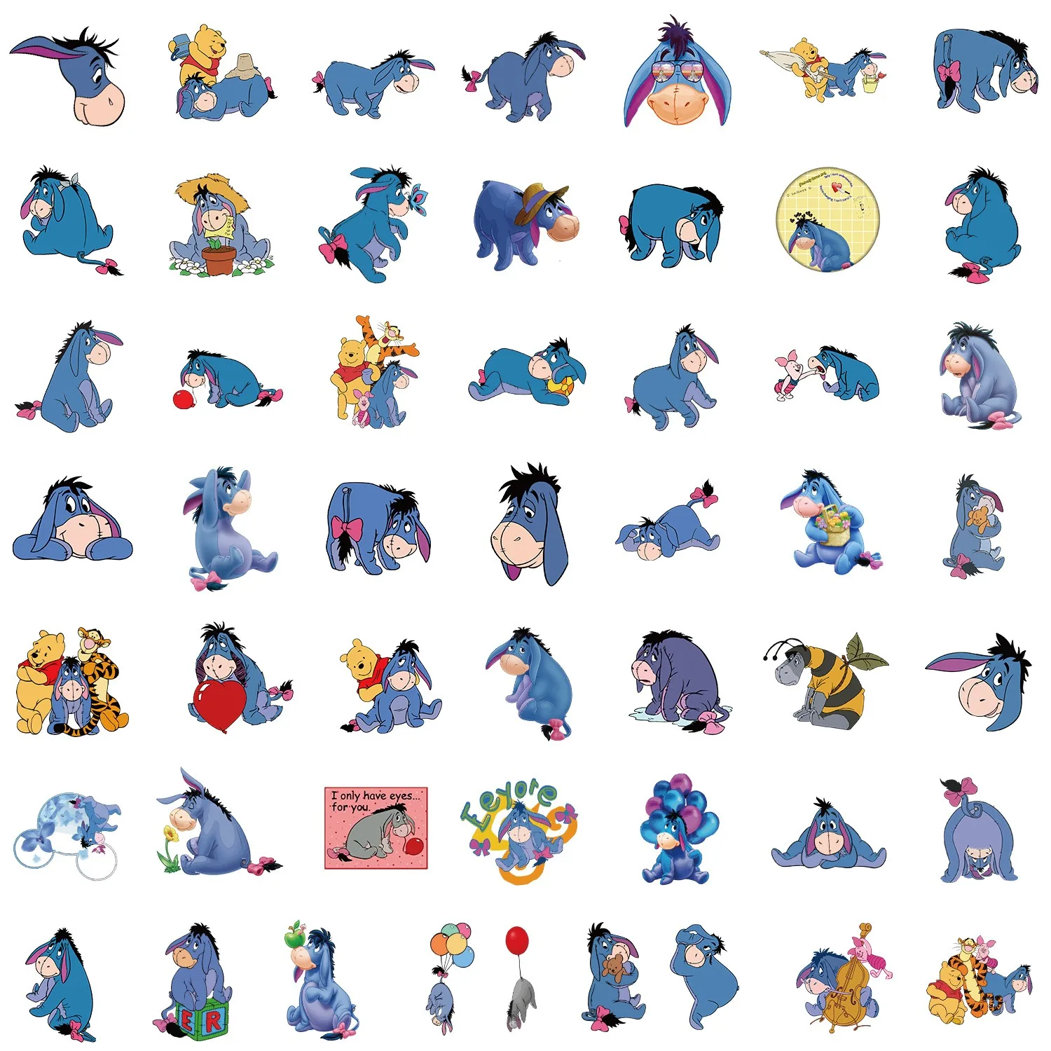 50pcs Donkey Eeyore 4x6cm Graffiti Stickers Kids Gift Prize for Phone Skateboard Notebook Pencilcase Bottle Deco