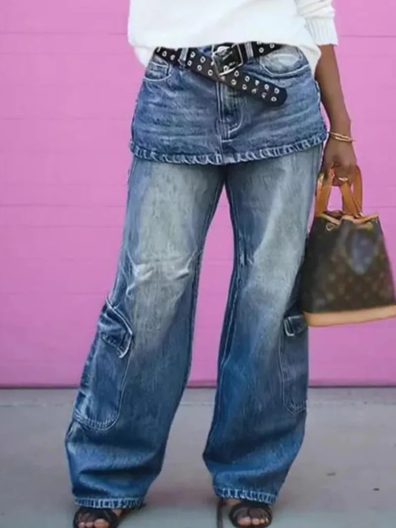 European And American Style Loose Fake Two-piece Micro Flared Workwear Jeans For Women 2026 Spring QYTP
