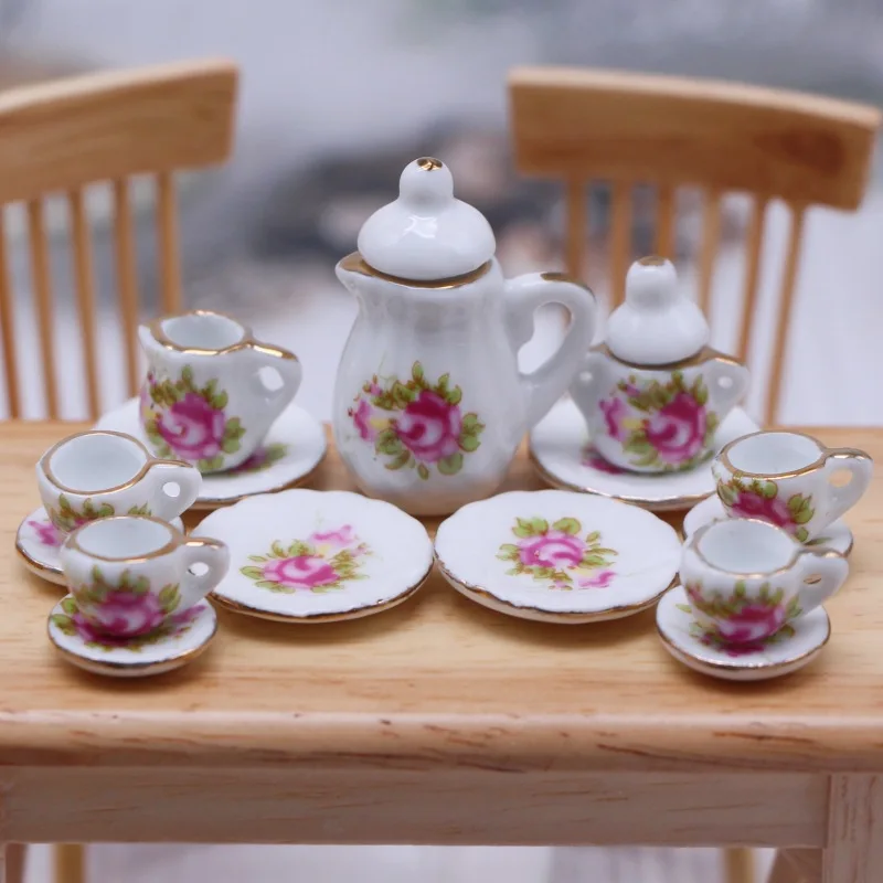 Service à Thé Miniature 1/12 Porcelaine & Assiettes – Accessoire Maison De Poupée Lotus Bleu – Ustensiles Bois/Métal – Décoration Cuisine Poupée