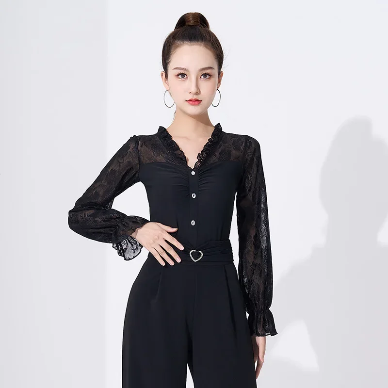 Mesh Patchwork Latin Dance Practice Suit Ballroom Belly Costume Long Sleeve Top Women Waltz Classical Line New Rhinestones Shirt