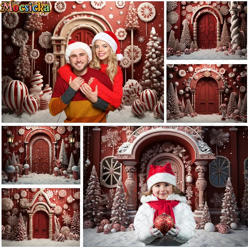 

Mocsicka Red Christmas Room Background For Child Adult Family Portrait Photography Xmas Tree Snow Snowflake Wooden Door Decor