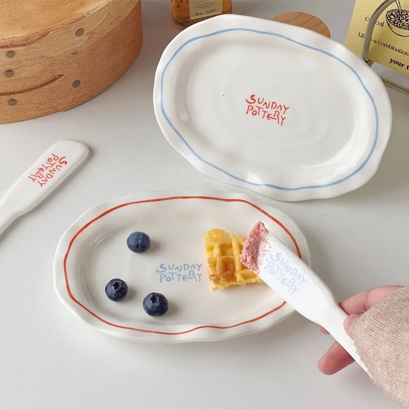 Korean Style Ceramic Dessert Plate Irregular Shape Letter Pattern Snack Dish Cake Serving Plate Dining Utensils Elliptical