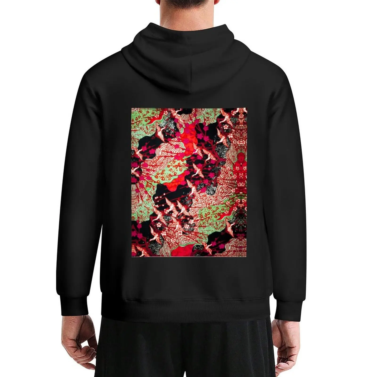 FLYING CRANES AND SPRING FLOWERS Red Green Black Antique Japanese Floral Hoodie men clothes anime hoodie