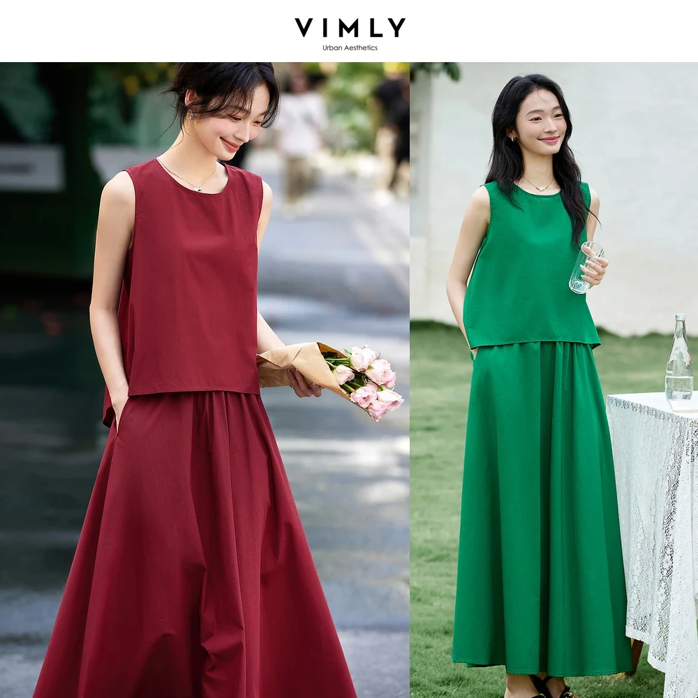 

VIMLY Casual 2 Piece Sets Woman Vacation Outfits 2025 Summer Round Neck Sleeveless Back Slit Top Midi Skirts Women's Suit A1861