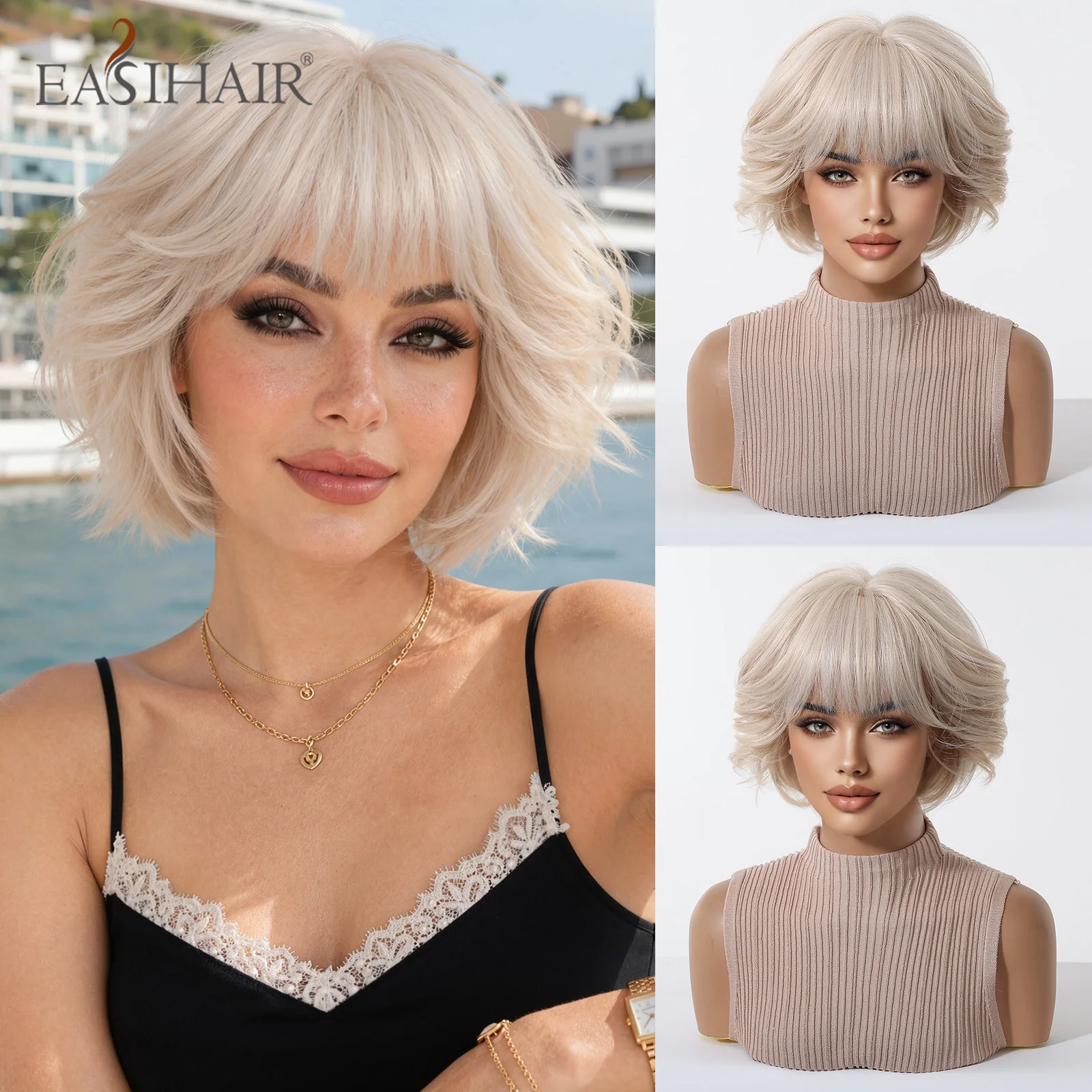 EASIHAIR Short Wavy Lolita Synthetic Wigs for Women Blonde Wavy Wigs With Bangs Heat Resistant Natural Hair Cosplay Party Daily