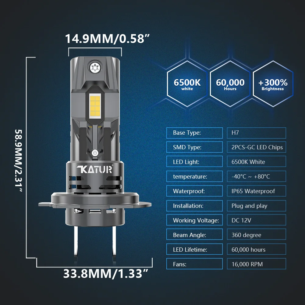 New 2 Pcs H7 LED Headlight 6000K White Wireless Turbo Super Bright Non Polarity 20000LM 12V 1:1 Mini Design IP68