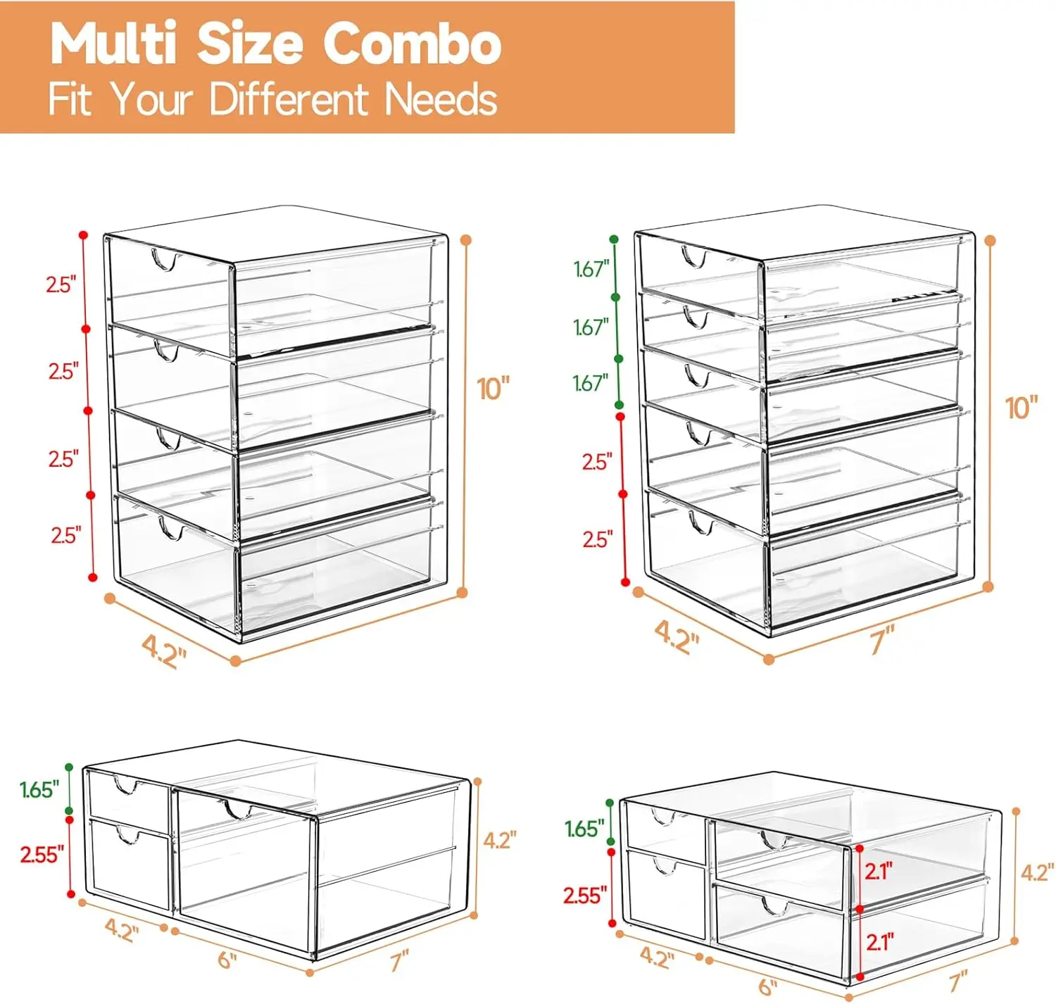 Makeup Drawer Storage Organizer with 16 Drawers, 4 Set Acrylic Office Desk Organization and Storage, Dustproof Drawer Organizer