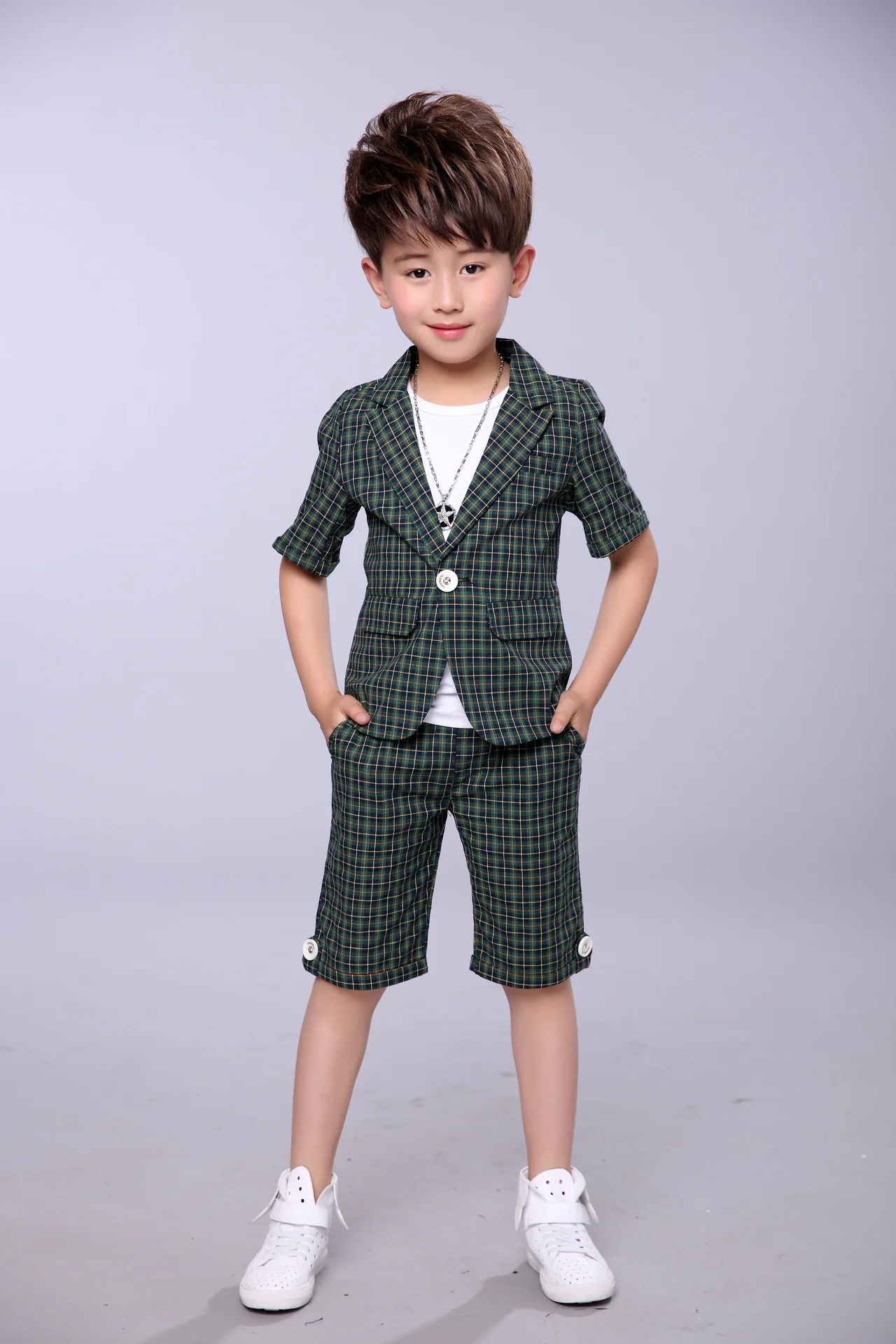 2022 Children Summer Formal Suit Boys Blazer+Shorts 2Pcs Photograph Set Kids Plaid Wedding Performance Dress Ceremony Costume