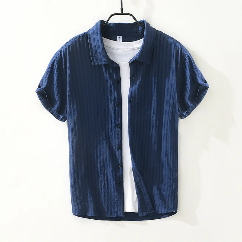 2026 New Spring Summer Stand Collar Five-point Mid-sleeve Fashionable Men Short-sleeved Shirt Seven-point Sleeve Men's  Striped