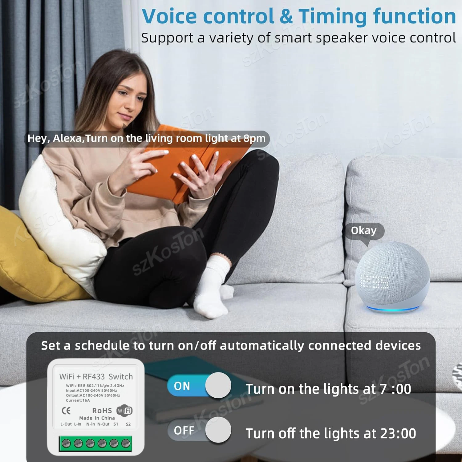 Смарт-выключатель Tuya RF433 с Wi-Fi, 16 А, 1/2/3 клавиши