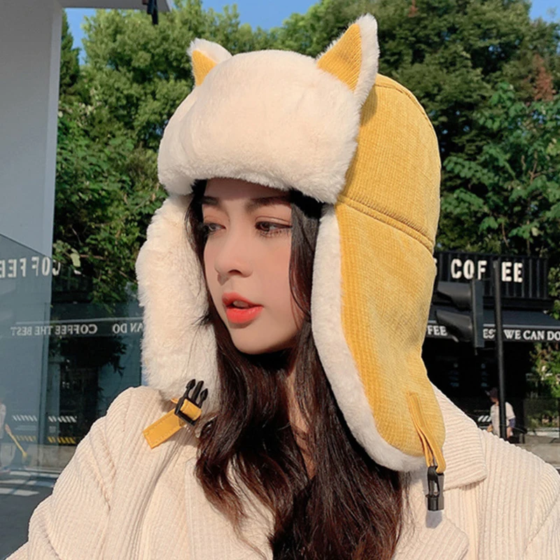 

ZDFURS Unisex Women Warm Earmuffs Thicken Wool Ear-flapped Hat Winter Cold-proof Cotton Hat Cat Ears Cap Winter Russian Hat