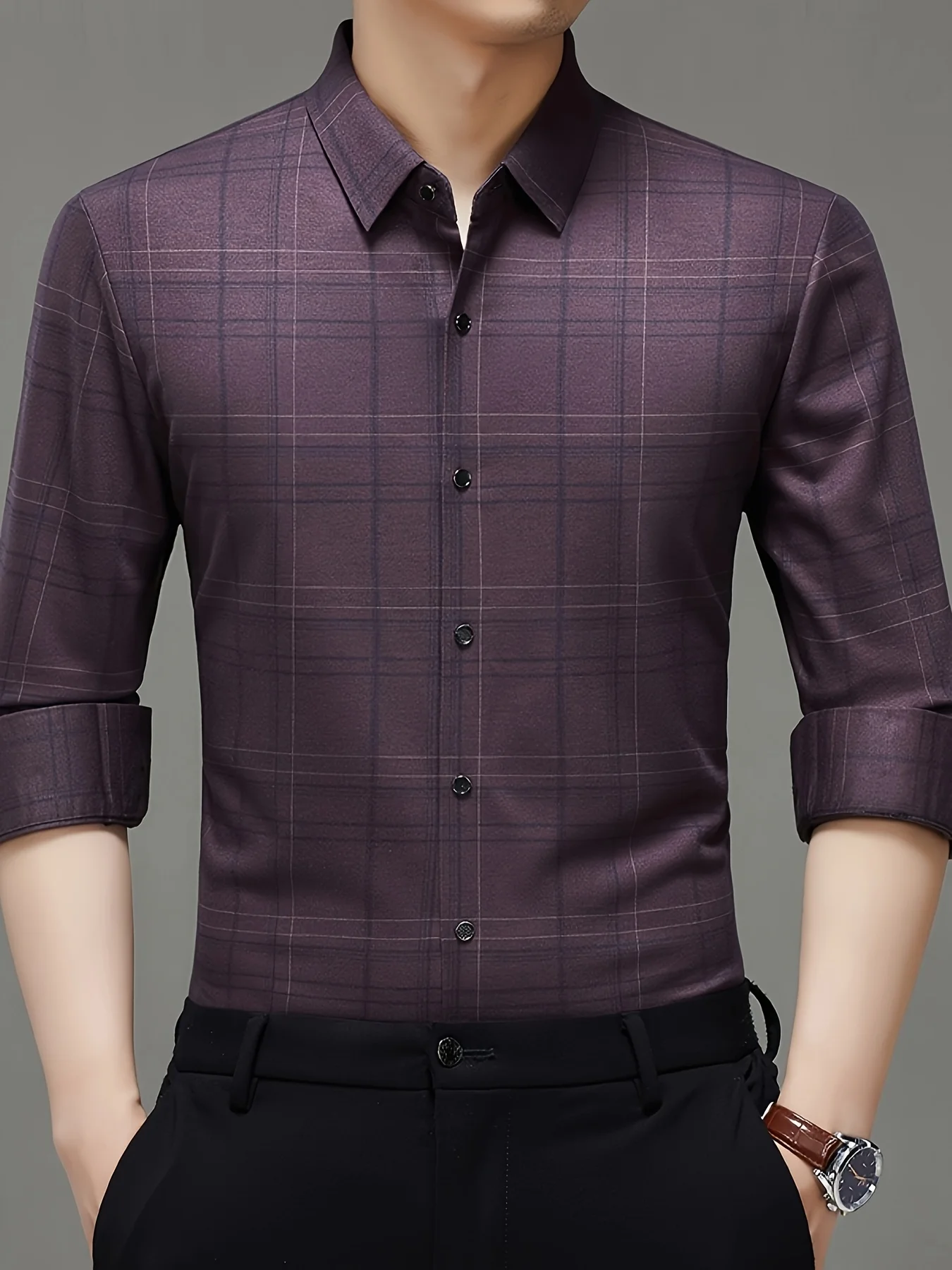Men Wine Purple Plaid Brushed No Trace Stretch Business Short Sleeve Shirt