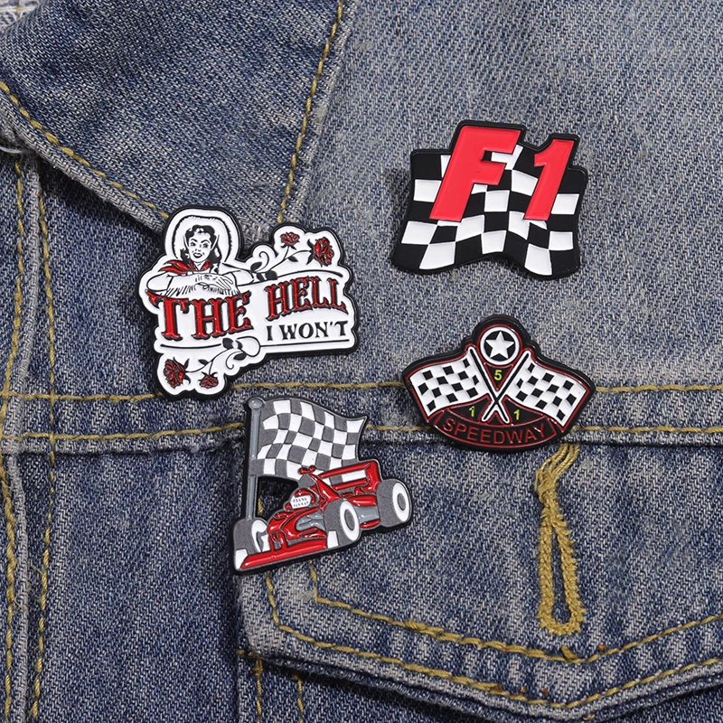 4pcs Racing Car Winners Flag Enamel Pins Custom THE HELL I WON\'T Brooches Lapel Badges Funny Jewelry Gift for Friends