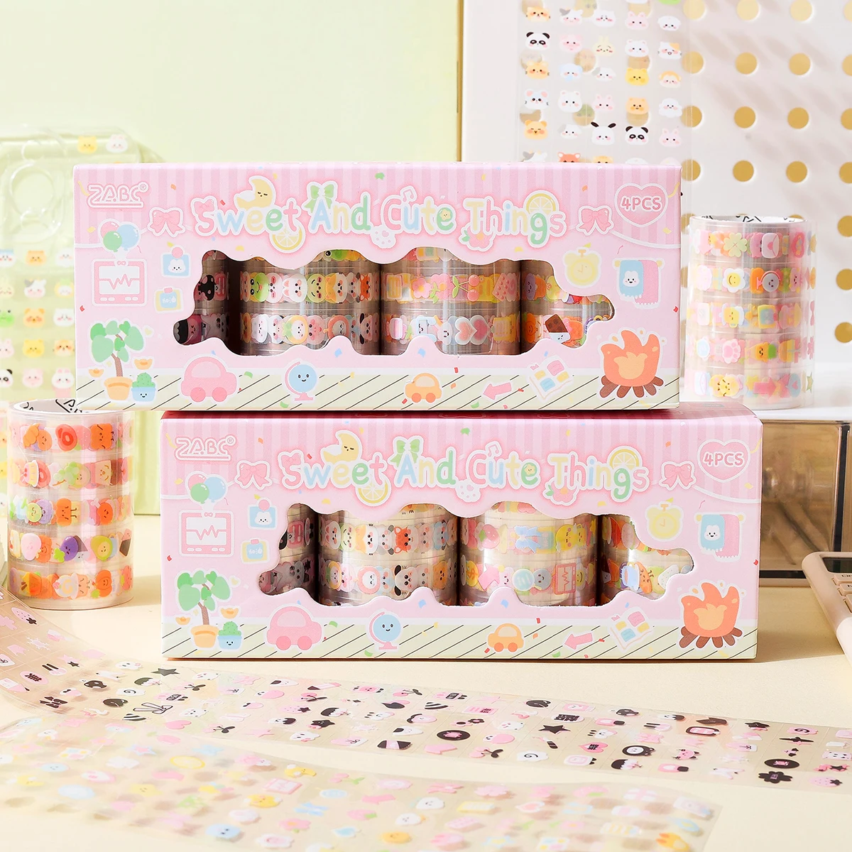 

4 rolls/box PET waterproof cartoon stickers, animal combination pattern sticker rolls, scrapbook and student handbook decoration