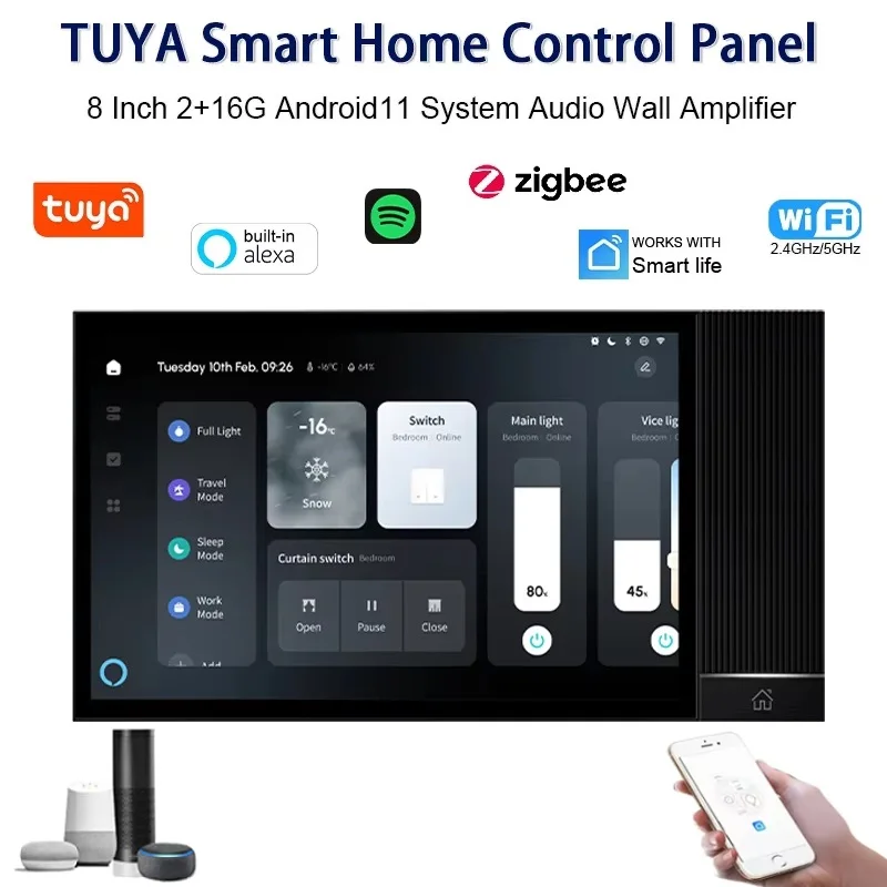 

Панель управления умным домом Tuya, 8-дюймовый сенсорный экран, Wi-Fi шлюз, встроенный домофон, совместимость с системами автоматизации дома
