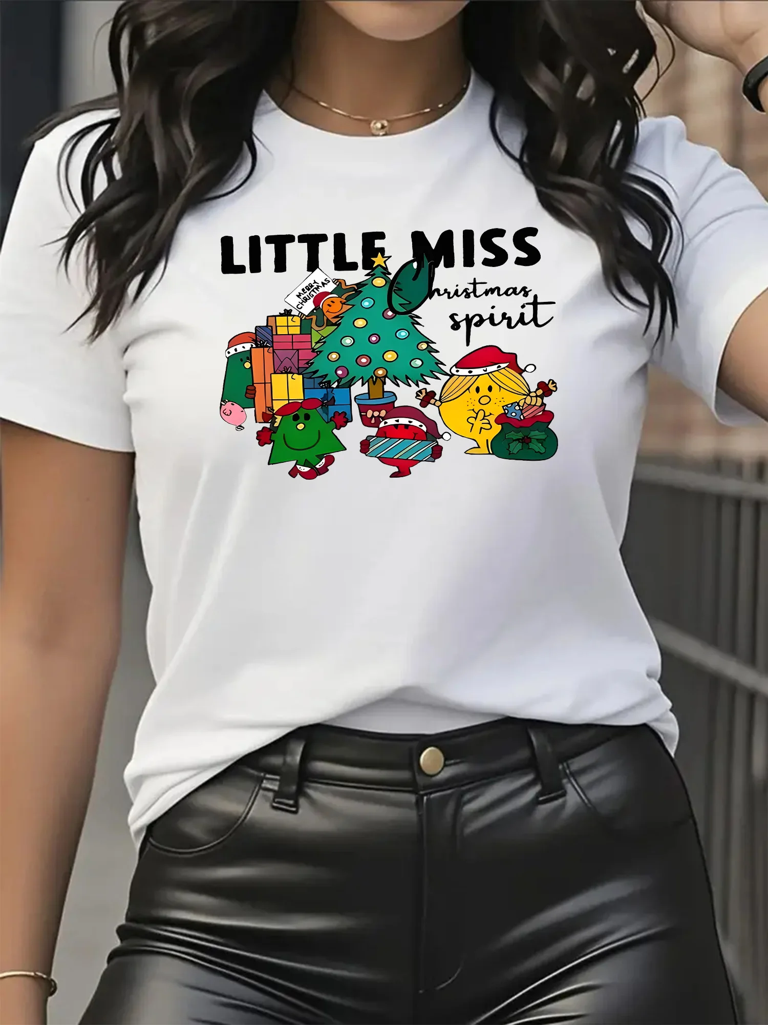 Women'S Cute Cartoon Print T-Shirt Little Miss Christmas Spirit Graphic Woman Clothing Soft Breathable O Neck Tees Y2k Clothes