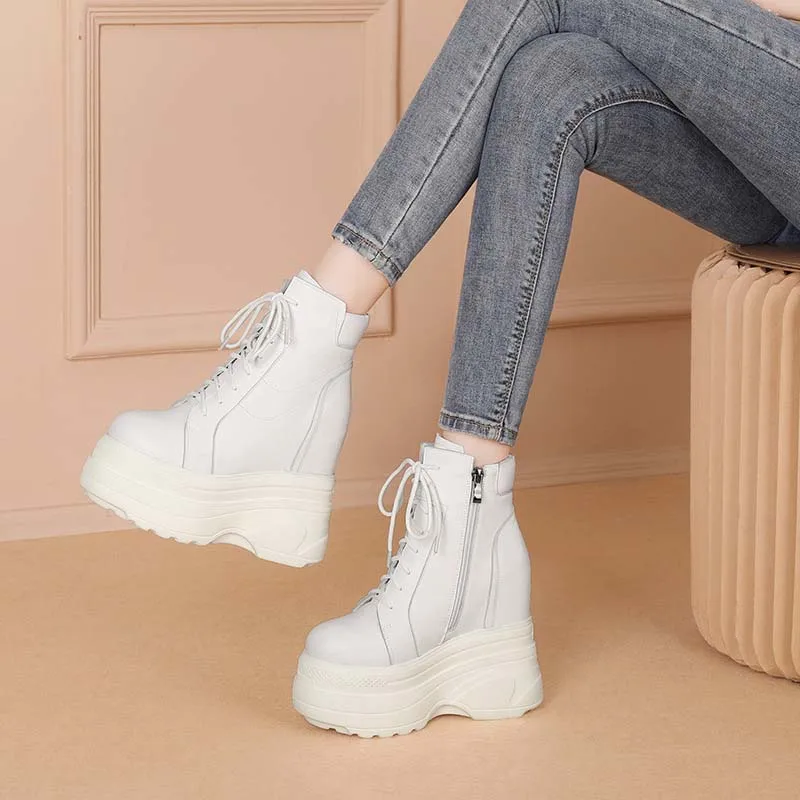 women height increasing 14 cm ankle boots high top sneakers platform ladies elevator shoes genuine leather high heels wedges