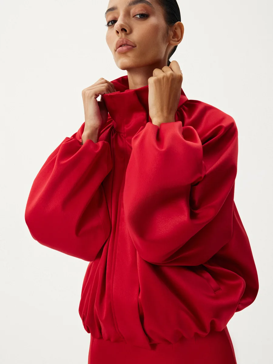 DFDG Women Stand Collar Gathered Pleated Cropped Jacket Balloon Long Sleeve Loose Oversized Outerwear Casual Autumn Street Coat