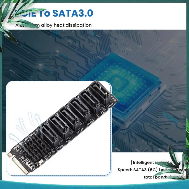(NEW) M.2 MKEY PCI-E Riser Card M.2 NVME To SATA3.0 PCIE To SATA 6Gpbsx6-Port Expansion Card ASM1166 Support PM Function