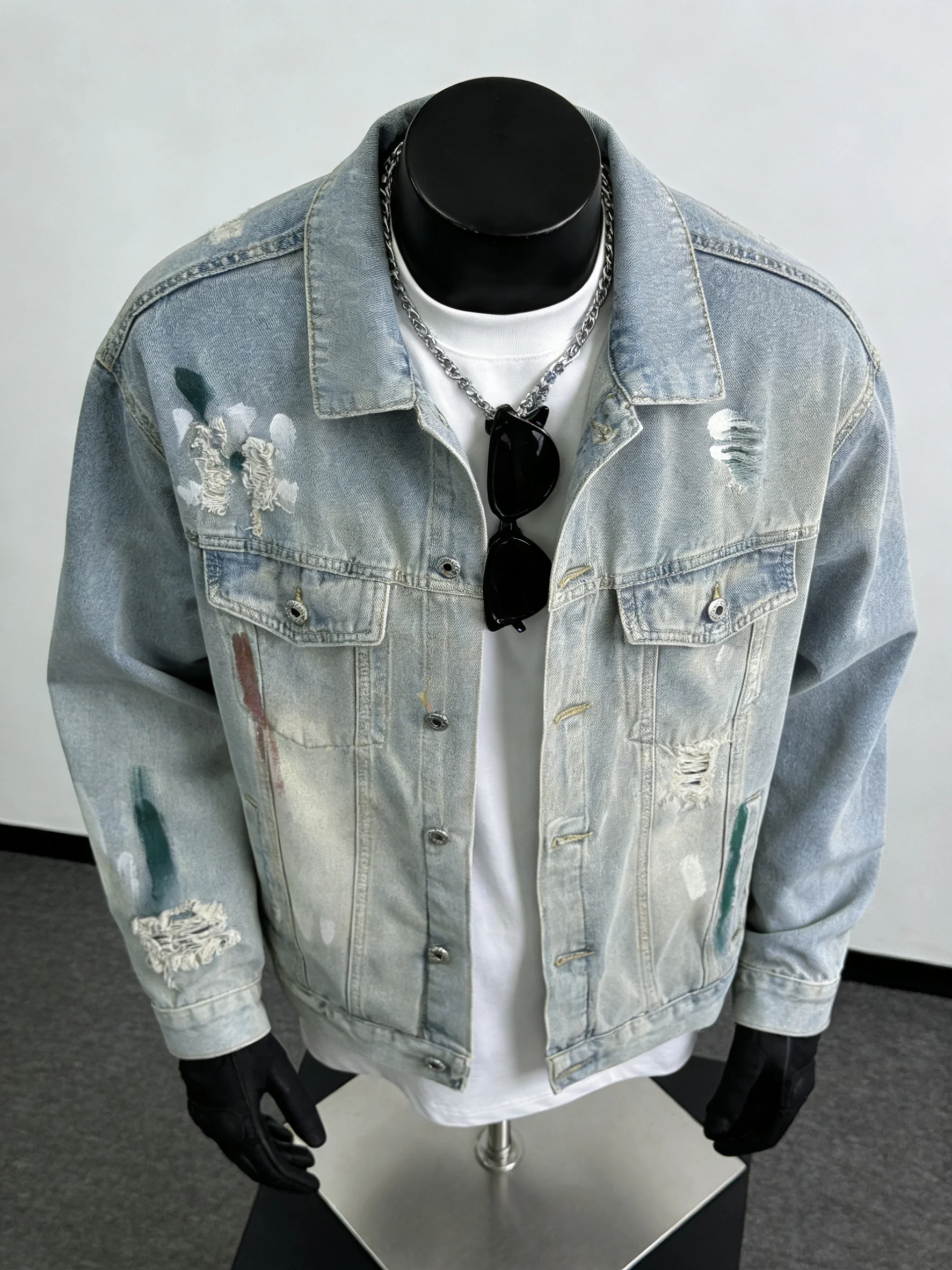 

Spring Fashion Men's Oversize Denim Jacket Tear Color Collision Design American Retro Style Long Sleeve Casual Coat
