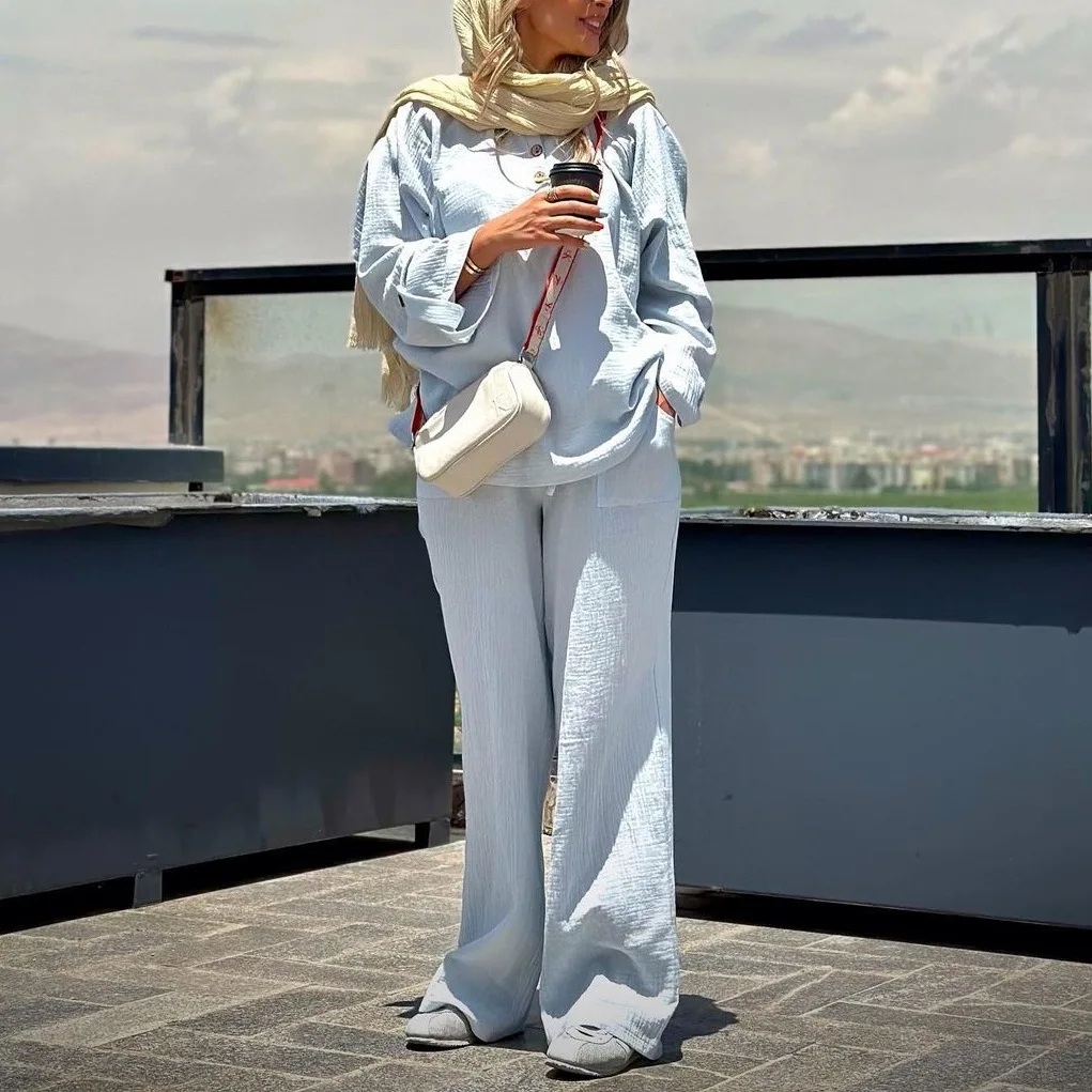 

Long-sleeved lapel loose large-size wrinkled cloth shirt wide-leg pants suit fashionable simple and versatile temperament elegan