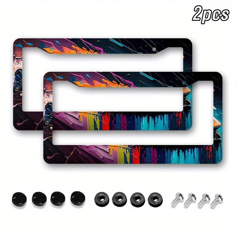 2 Metal License Plate Frames with Abstract Paint Splatter Design Suitable for Cars Includes 4 Screws and Rubber Grommets