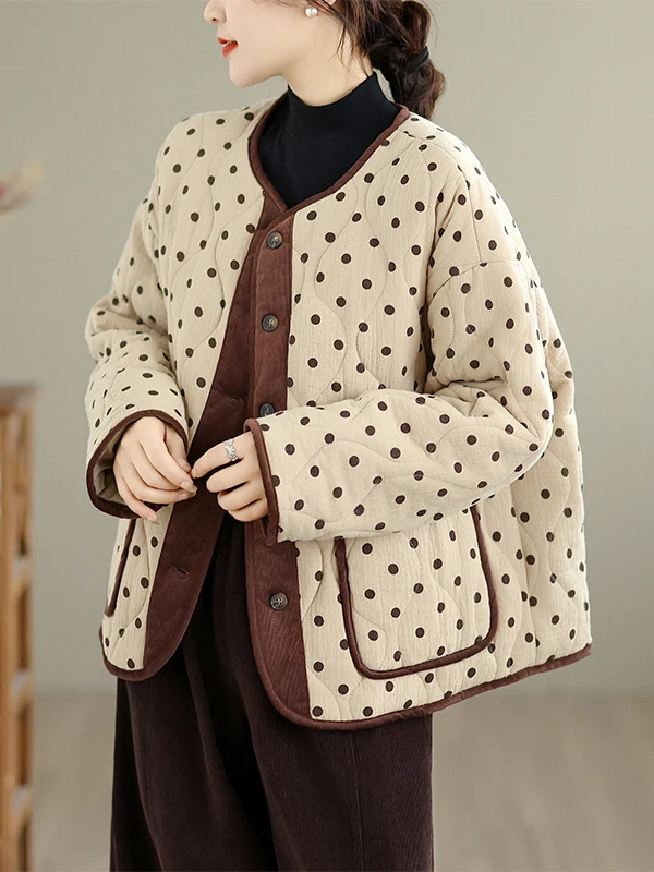 Retro Sle Dames Winter Katoen Jaet Ronde Ne Polka Dot Veelzijdige Jas Koreaanse Sle Pendelen Rechte Buis Lange Sve