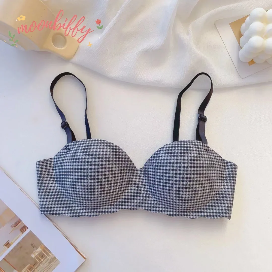 Women Ice Bra One Cup Thick Comfortable Without Steel Ring Lingerie Sexy Push Up Bralette Underwear Fashion Plaids Pattern Bra