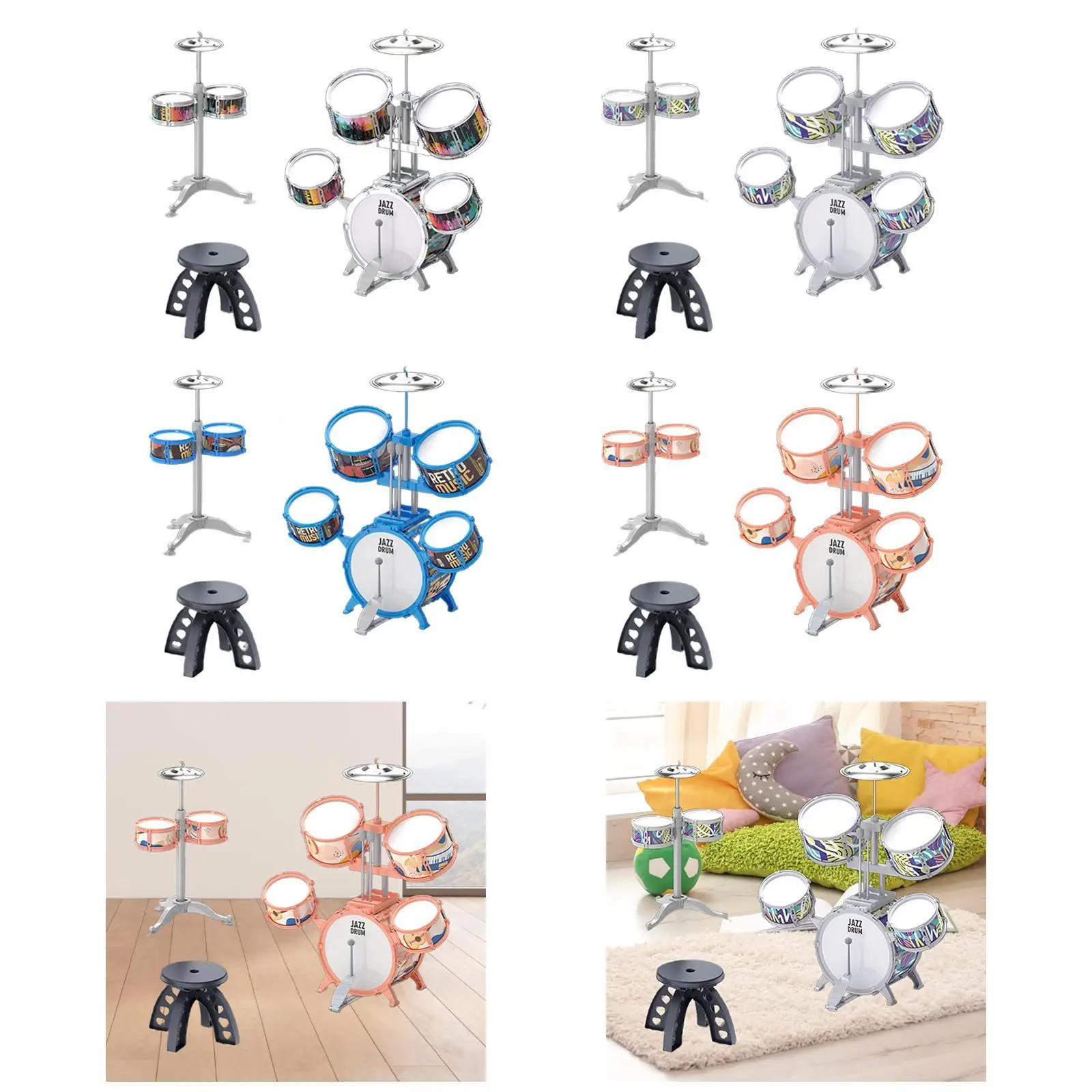 

Kids Jazz Drum Toy Kit with Cymbal and Drumsticks with Stool Education Musical Toys for Children’S Day Simple Assembly Versatile