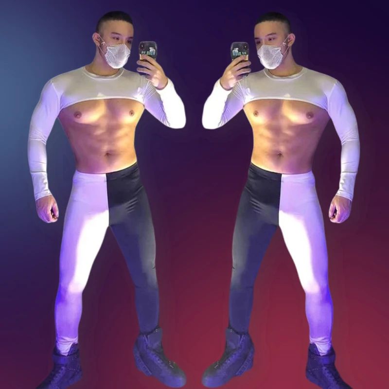 

Party Bar Pole Dance Performance Costume Men Black White Pants Nightclub Gogo Dancing Wear Muscle Man Stage Rave Outfit VDB3905