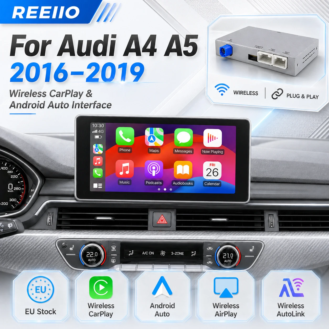 Boîtier d'interface CarPlay sans fil REEIIO pour Audi A4 B9 MIB A5 Q5 Q7 2017-2019 avec fonctions Android Auto, Bluetooth et navigation GPS